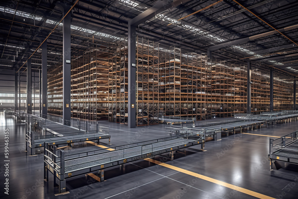 Wall mural Rows of shelves with goods boxes in modern industry warehouse store at factory warehouse storage