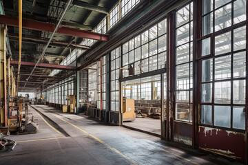Rows of shelves with goods boxes in modern industry warehouse store at factory warehouse storage