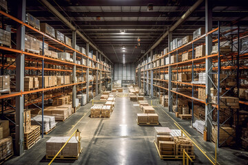 Fototapeta premium Rows of shelves with goods boxes in modern industry warehouse store at factory warehouse storage