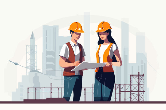 Architect and engineer working on construction site. Engineering, building, engineering, architecture, teamwork concept. Vector illustration in cartoon style