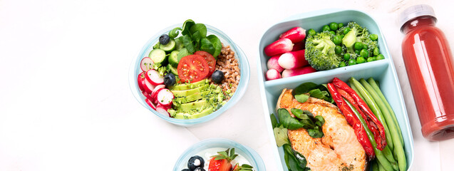 Different types healthy meals in containers, Takeout food menu, top view, copy space