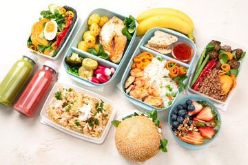 Restaurant healthy food delivery in take away boxes for daily nutrition on white background.