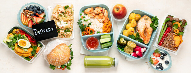 Restaurant healthy food delivery in take away boxes for daily nutrition on white background.