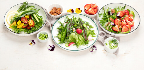 Various of spring vegetable salads. Tasty healthy food.