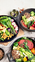 Healthy vegetarian and vegan  salads and Buddha Bowls with vitamins, antioxidants, protein on light  background.