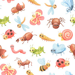 Naklejka premium Seamless watercolor pattern with Cartoon insects. Cute butterfly, grasshopper and spider.