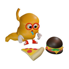 Stomach cartoon character, funny full mascot. swollen belly and happy. stomach organ and food illustration