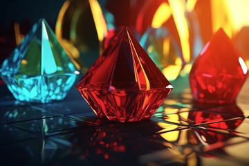 Various colorful glass geometric shapes or crystals and colorful reflections with sunbeam background. Pyramids, rectangle, cube, prism and other shape form glass objects. Generative AI