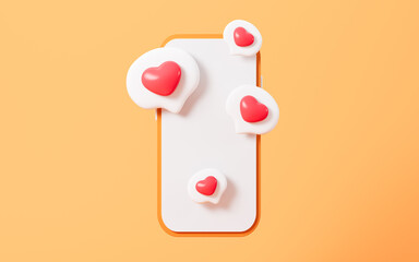 Photo frame with heart and love fly out from mobile phone, social icon with heart and love, 3d rendering.