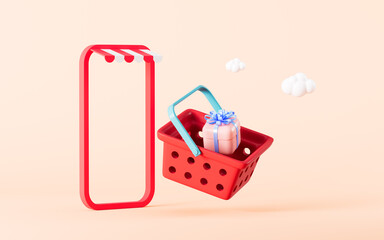 Obraz premium Gift box in the shopping basket fly out of the mobile phone, shopping online concept, 3d rendering.