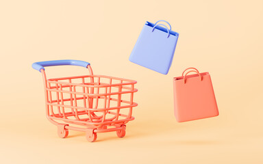 Shopping cart and shopping bags in the yellow background, 3d rendering.