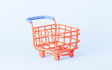 Empty shopping cart in the blue background, 3d rendering.