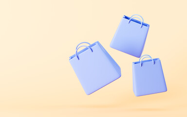 Flying shopping bags in the yellow background, 3d rendering.