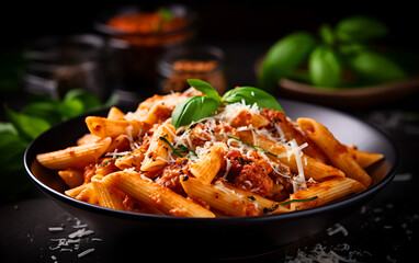 Penne pasta with tomato sauce, parmesan cheese and basil on dark background