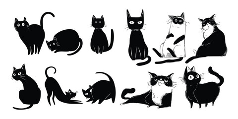 Set of cut cat character icon hand drawing vector illustration. Isolated on white background.