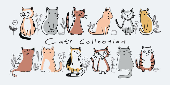 Set of cut cat character icon hand drawing vector illustration. Isolated on white background.