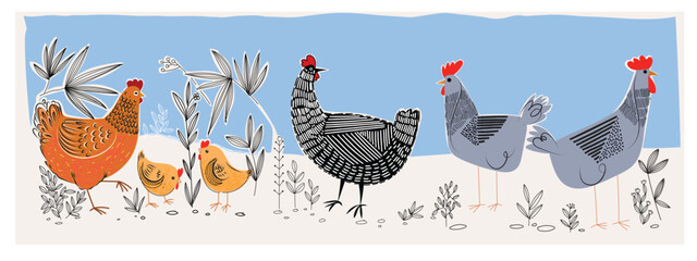 Set of chicken hen animal poultry farm hand drawing vector illustration.