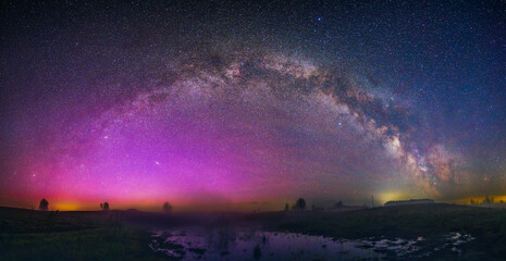 Night landscape with colorful Milky Way, spring sky