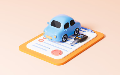 Cartoon blue car and contract on the yellow background, 3d rendering.
