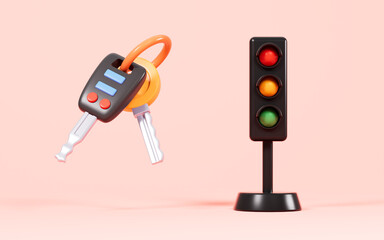 A bunch of keys and traffic sign light in the background, 3d rendering.
