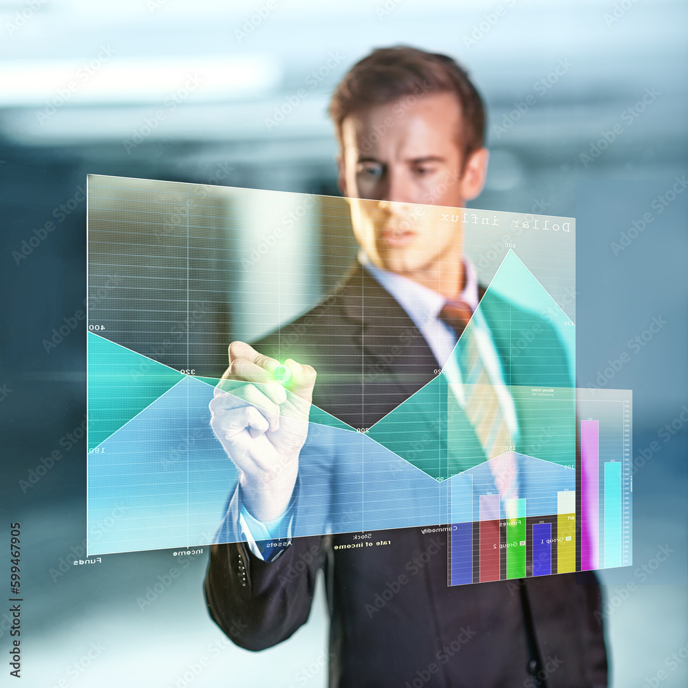 Aufkleber Plotting projections with just a touch. a handsome young businessman drawing a graph on a digital interface.