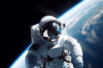 Science fiction, technology concept. Astronaut with costume floating in space in background of planet Earth. Astronaut at spacewalk. Deep space exploration. Generative AI