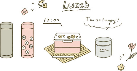 手書きタッチ　お弁当と水筒のイラストレーション