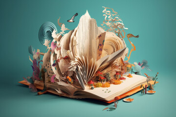 World book day, fantasy, and leisure concept. 3D, paper art style Illustration of magical book with fantasy stories inside it. Generative AI