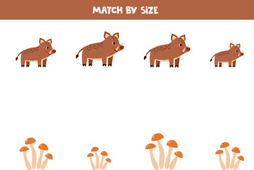 Matching game for preschool kids. Match boars and mushrooms by size.