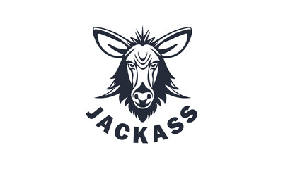 Vector monochrome graphic simple logo. The eared head of a strange donkey. Jackass, inscription. White isolated background.