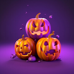 Happy Halloween. Group of 3D illustration glowing Jack O Lantern pumpkin on treat or trick fantasy fun party celebration purple background design. generative ai