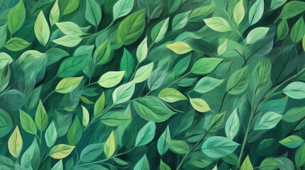 Green leaves background. Acrylic illustration painting. Comfort and Natural Mood. Generative AI.