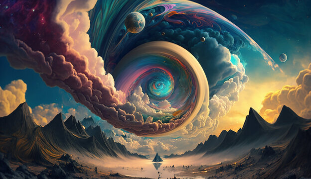 Fantastical planet with swirling clouds and colorful landscapes. Generative AI