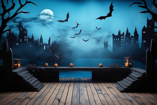 Copy space halloween concept wood table blurred bokeh background concept image for product commercial ad Generative AI