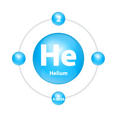 Helium (He) Icon structure chemical element round shape circle light blue with surround ring. Period number shows of energy levels of electron. Study science for education. 3D Illustration vector.