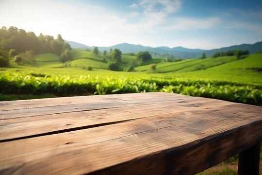 Empty wood table in front of green mountain and blue sky at summer blurred background concept image for product Generative AI	