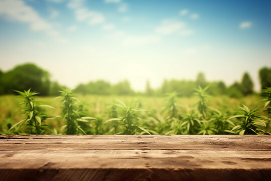 Empty wood table in front of marijuana plantation blurred bokeh background concept image for product Generative AI	