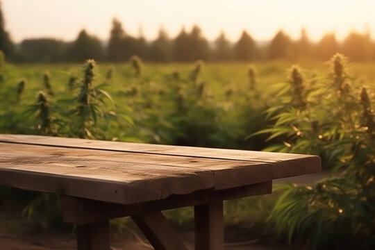 Empty wood table in front of marijuana plantation blurred bokeh background concept image for product Generative AI	