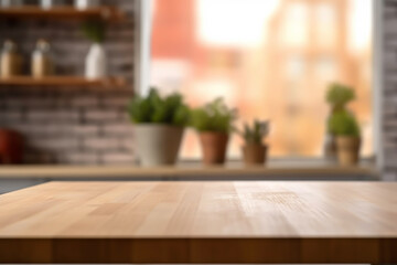 Empty wood table in front in kitchen room blurred background concept image for product Generative AI