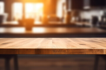 Empty wood table in front in kitchen room blurred background concept image for product Generative AI