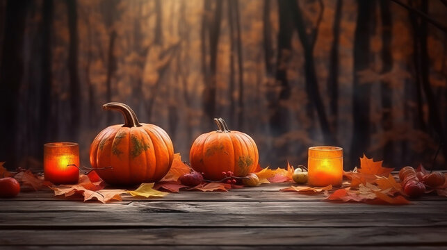 Copy space halloween concept wood table with pumpkins blurred bokeh background concept image for product commercial ad Generative AI