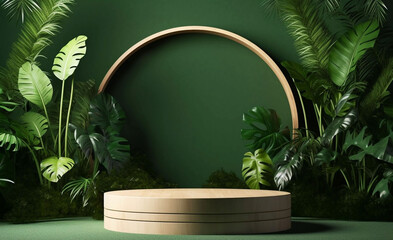 Modern Minimalist Podium in Green Garden. 3D Illustration for Stage Design and Showcase Concept