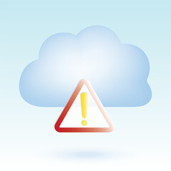 Cloud with exclamation mark inside triangle. Danger, warning cloud. Cute pastel cartoon of cloud computing, cloud network and technology symbol. 3D vector illustration isolated on blue background.
