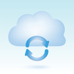 Cloud with rotate arrows. Syncing cloud. Cute pastel cartoon of cloud computing, cloud network and technology symbol. 3D vector illustration isolated on blue background.