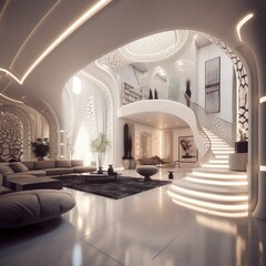 Beautiful mansion, all white, futuristic, hidden lighting, all white