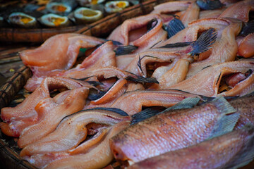 Many sun-dried Gourami fishes in Thailand market