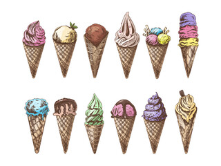 A hand-drawn colored  sketch of a waffle cones with ice cream or frozen yoghurt. Vintage illustration. Set. Element for the design of labels, packaging and postcards.