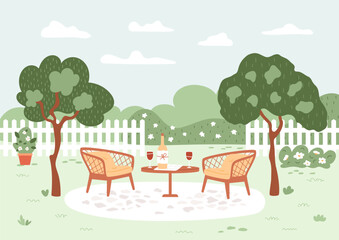 Garden backyard with lounge chairs and table with wine glasses. Back patio with trees, potted flower and bush. Summer landscape. Fenced lawn. Vector illustration.