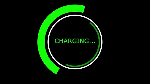 Charging animation bar. Abstract digital technology, green charging icon flashing background. Mobile charging progress bar on black background. Computer battery charging. 60 fps 3D animation.