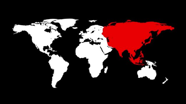 World map animation with red Asia. Appearance all continents into a whole world map on black background. Infographic design. Business or travel concept. Virus infection. 60 fps 3D animation.